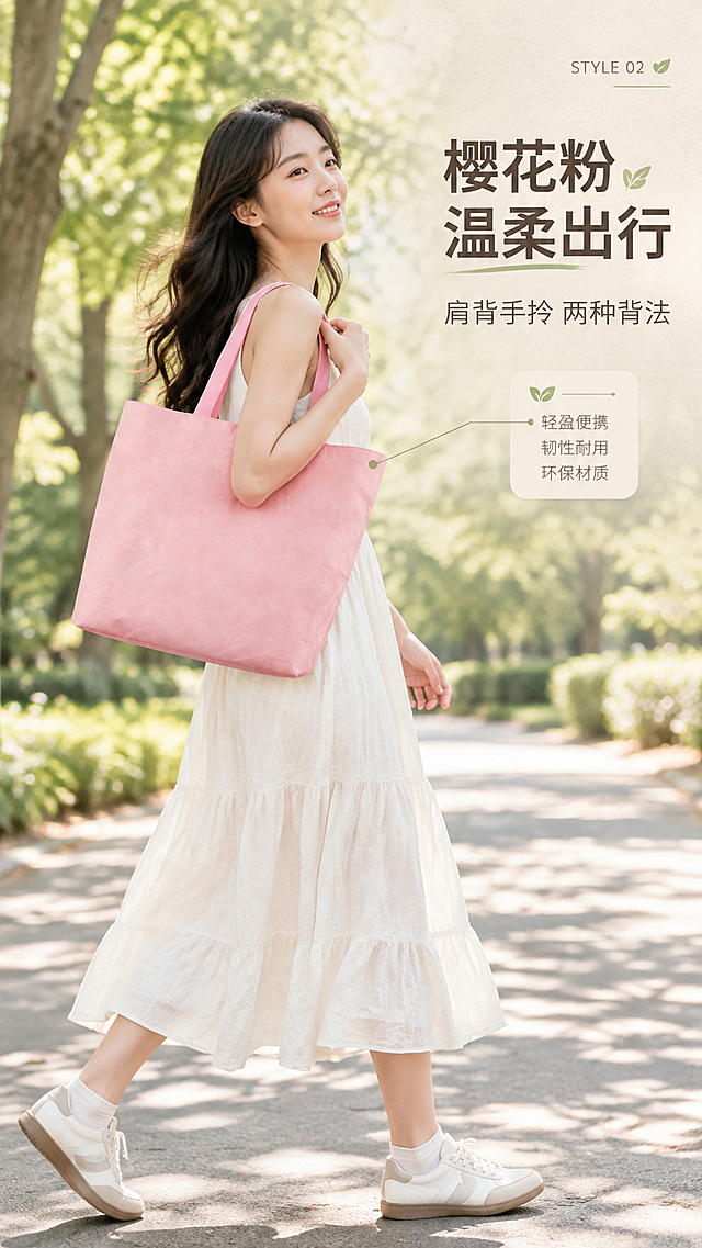 [商品] 使用【图2】樱花粉色杜邦牛皮纸购物袋；保留包型、颜色、杜邦纸肌理、织带提手和缝线；由亚洲女性模特肩背/手拎，侧身行走姿态，展示背负效果，包身清晰，不改变产品结构和颜色。
[画面] 目标：模特补充姿态页，粉色款侧身行走展示肩背与动态效果。构图：右文左图，亚洲年轻女性模特侧身行走，购物袋单肩背在肩上，发丝和裙摆微扬，动态自然，主体占画面60%。景别：全身中景。场景：公园步道/林荫小道，阳光透过树叶洒下光斑，营造周末休闲氛围。
[视觉] 套系策略：风格=清新自然环保风·高级商业摄影；标题字=现代简约无衬线粗体；正文字=纤细无衬线体；主色=牛皮纸暖棕；背景延展=基于暖棕做浅米-奶白渐变、同色系纸张肌理质感、柔和木色台面；强调色=果绿色，仅用于小面积图标、引线和标签点缀；标题色=深炭棕；正文色=中暖灰；组件=圆角浅米色信息卡、细棕线引线、小绿叶图标；光影=自然日光，斑驳树影。
[文字] 右上小号英文装饰「STYLE 02」，主标题「樱花粉 温柔出行」，副标题「肩背手拎 两种背法」；文字不遮挡模特和包身，横排。
[规格] 图片比例9:16竖版，分辨率4K，quality=medium。避免变形、错字、文字过小、包型失真、颜色偏差、绝对化用语。