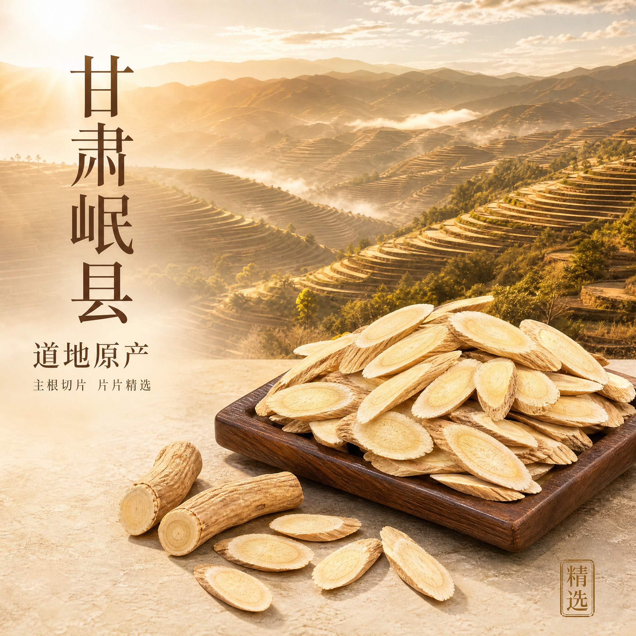 [主图-4] 黄芪片产地场景图，背景为甘肃岷县壮观的梯田山景，… - 图片创意预览