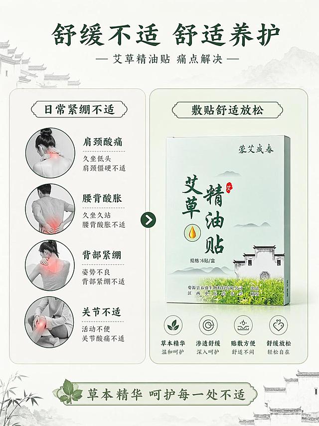 [第2屏] 艾草精油贴痛点解决对比页。本屏使用【图1】作为产品展示。
[氛围/风格] 新中式简约对比风格，清新干净，信息层级清晰。
[元素布局] 画面左右分栏，左栏展示日常肩颈腰背不适痛点示意图，右栏展示艾草精油贴产品，保留产品原有包装文字和颜色，比例一致。背景加入简约淡墨徽派线条装饰，左右栏使用浅米色块区分。
[光影质感] 整体均匀柔光，左右明暗一致，产品清晰，文字不模糊。
[配色色系] 全局底色 #f0f7ee，左栏浅灰调，右栏浅绿调，深绿文字，灰色分隔线。
[视角构图] 左右对比构图，对称排版，阅读动线从左到右，痛点到解决。
[文字版式] 顶栏主标题「舒缓不适 舒适养护」，左栏痛点标注「日常紧绷不适」，右栏解决标注「敷贴舒适放松」，字体保持原有中式风格，文字大小适中清晰可读，信息块不遮挡主体。
[比例分辨率] 3:4 竖版比例，4K分辨率，高清画质，文字清晰。
[负向提示词] 产品变形，文字错乱，颜色偏差，极端负面画面，水印，背景杂乱