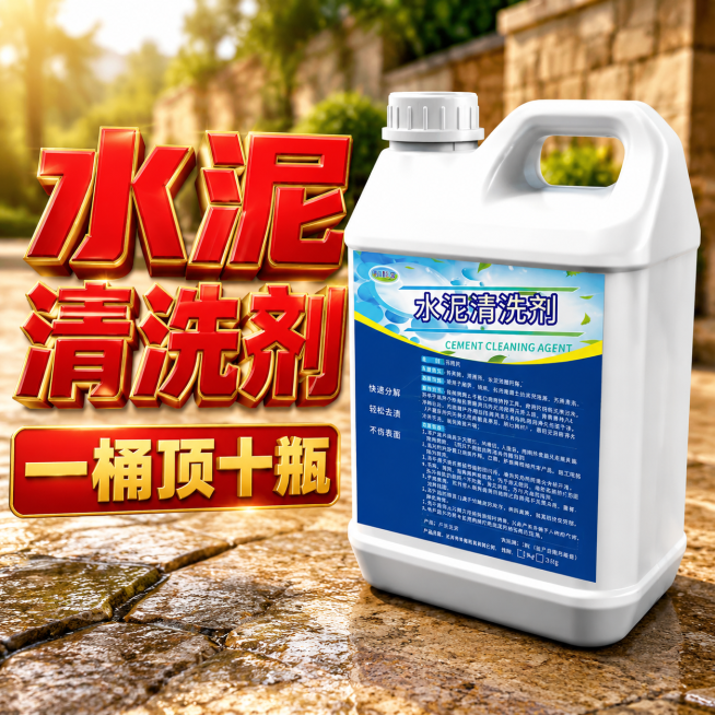 电商商品主图，1:1正方形比例，写实摄影风格，高饱和度促销风，画面主体是一瓶白色塑料桶装水泥清洁剂（带提手、白色瓶盖），产品偏右边摆放，表面有自然光泽与立体感；背景为户外花岗岩效果，色调暖色温和；左边预览效果