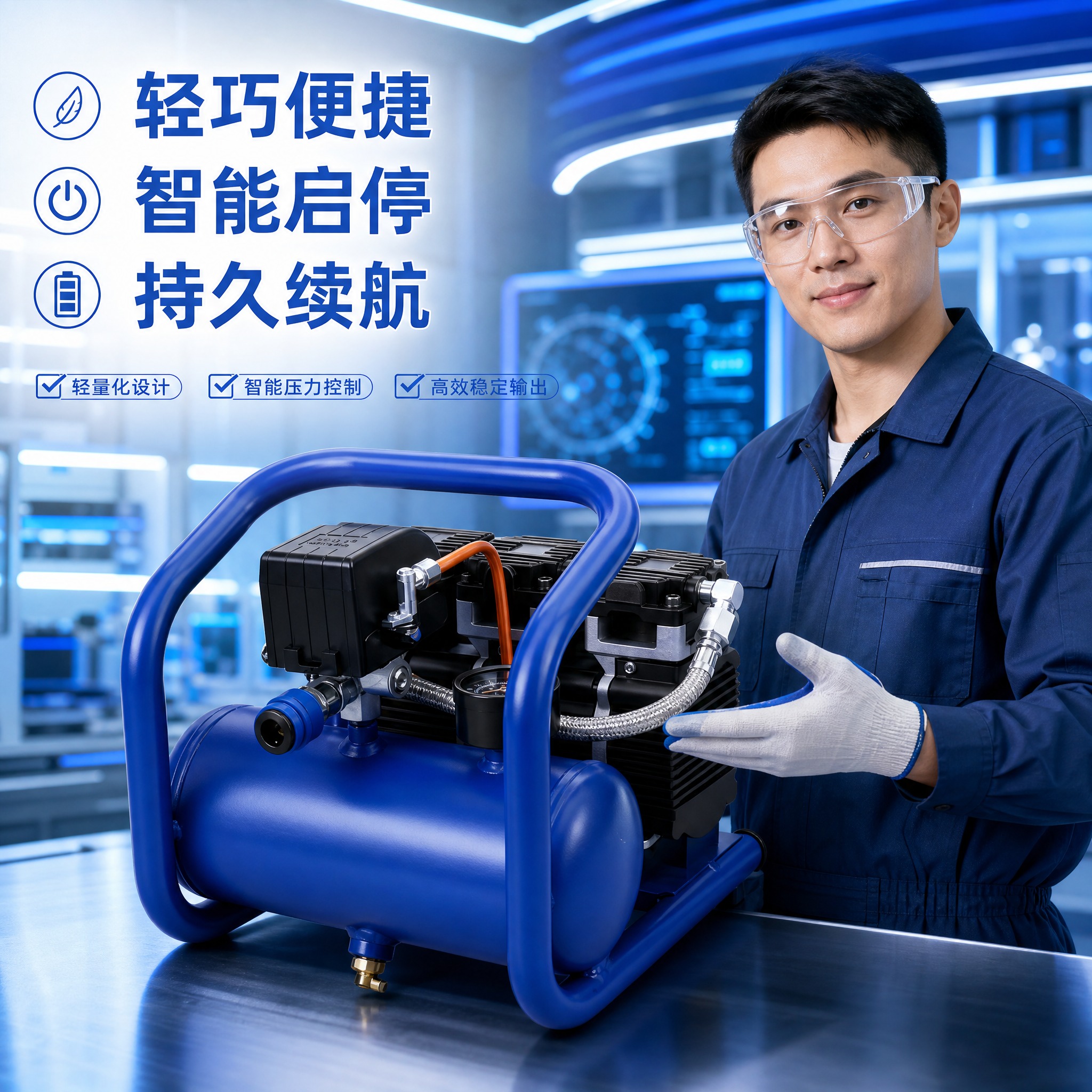 电商主图，画面主体是图中的蓝色便携式空压机，突出机器本身，科技… - 图片创意预览