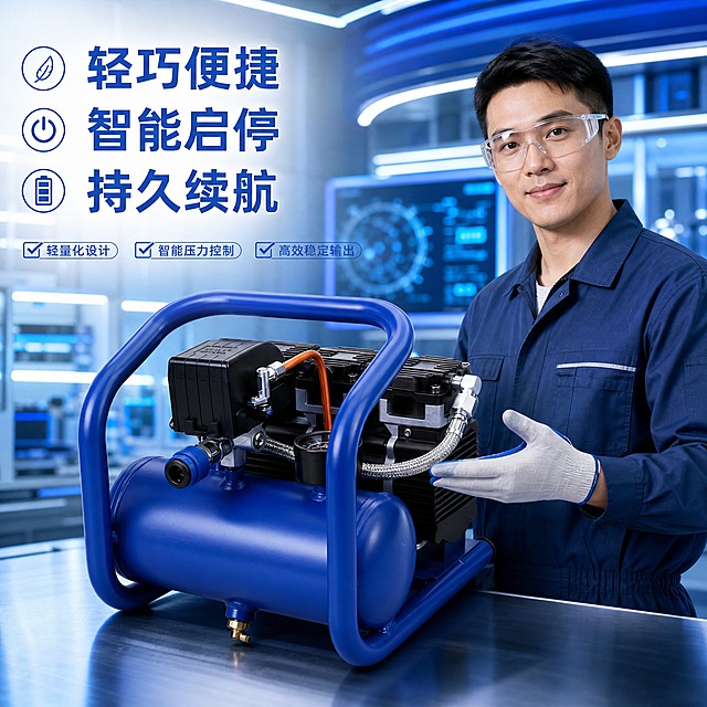 电商主图，画面主体是图中的蓝色便携式空压机，突出机器本身，科技感高级感画风，背景是充满科技感的蓝色调实验室，背景颜色与机器蓝色相呼应，有专业男性技师人物做机器推荐动作，画面上有清晰卖点文字："轻巧便捷""智能启停""持久续航"，文字颜色与机器蓝色呼应，整体科技感高级感，商业摄影质感，产品居中突出，光影精致