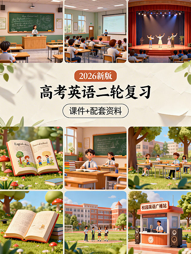 上区1/8设计不同英语课堂3D场景，如传统板书教室、英语话剧舞台等；中区3/8为封面核心区，独立清新浅色背景，第一行"2026新版"，色框填充，工整手写字体，第二行"高考英语二轮复习"，每个文字居中排布，第三行"课件+配套资料"，圆角矩形框，视觉焦点集中在此区域；下区4/8设计不同课题3D意境图，如英文童话书、校园英语广播站等，整体3:4比例，带有纸张纹理和轻微阴影，每张图风格、场景、构图、颜色、字体均不同，共生成30张