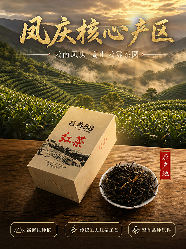 [商品] 使用【图1】产品包装盒、【图2】盒+干茶组合图；保留包装盒外观文字图案结构；保留干茶条索形态与金毫特征。
[画面] 目标：产地溯源 建立凤庆核心产区信任；构图：上2/3为云南凤庆高山茶园实景，层层叠叠茶山间云雾缭绕清晨阳光洒落，茶园占画面50%以上；下1/3木质茶桌上产品包装盒斜放，旁边白瓷碟盛放干茶，包装盒正面经典58字样清晰；茶园与产品区用暖金色光晕自然过渡；阅读动线从上至下：产地场景→产品实物→产地信息。
[视觉] 套系策略：风格=大气国风茶韵高端商业摄影；标题字=粗笔书法体；正文字=细宋体；主色=深棕暖金；背景延展=基于深棕色做深浅渐变、暖金光晕、茶山剪影层次；强调色=朱红色，仅用于小面积印章、引线端点、标签；标题色=暖金色；正文色=米白色；组件=极简细线引线、圆角浅底信息卡、朱红印章；光影=自然晨光质感，茶园有晨雾丁达尔效应，产品区暖侧光。
[文字] 茶园上方主标题"凤庆核心产区"暖金书法体；副标题"云南凤庆 高山云雾茶园"米白细宋体；产品区右侧竖排朱红印章"原产地"；底部3个信息点横排："高海拔种植""传统工夫红茶工艺""蜜香品种原料"；文字均横排，产地大字醒目占视觉重心。
[规格] 图片比例3:4竖版，4K，避免变形、错字、文字过小、冷蓝/蓝灰背景、产品失真、虚假产地承诺、极限词。