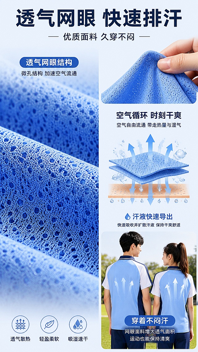 [第3张] 面料透气解析页-网眼面料微距特写与透气原理示意。本张使用【图1】作为商品和面料参考。
[氛围/风格] 科技功能面料风，专业质感，清晰展示面料结构。
[元素布局] 画面左侧大面积展示蓝色网眼面料微距特写，占比约55%，清晰可见网眼孔洞结构；右侧为透气原理示意图：用箭头和气流图标表示空气流通路径；上方有一只手轻捏面料展示柔软度；下方小图展示穿着后背不闷汗的效果；面料颜色与输入图一致。
[光影质感] 侧光打亮面料纹理，突出网眼立体感，微距细节清晰，整体明亮专业。
[配色色系] 全局底色浅灰蓝#F0F7FF；主色天蓝#4A90D9+藏青#1E3A8A；辅助色白色、浅灰；气流箭头用浅蓝色渐变。
[视角构图] 左面料右原理的左右构图，微距特写为主，阅读动线从左到右、从上到下。
[文字版式] 顶部主标题「透气网眼 快速排汗」，加粗黑体大字；副标题「优质面料 久穿不闷」；面料图上方标注「透气网眼结构」；右侧原理区配文字「空气循环 时刻干爽」「汗液快速导出」；底部小字说明「网眼面料增大透气面积，运动也能保持清爽」；文字层级分明，清晰可读。
[比例分辨率] 9:16竖版比例，4K分辨率，文字清晰可辨，高清画质。
[负向提示词] 面料变形，颜色偏差，水印，文字错乱，文字过小，面料模糊，结构错误。