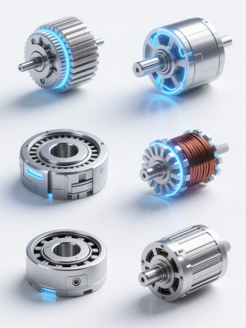 6个完全不同的电机类目元素（如电机转子、定子、轴承、线圈绕组、换向器、电机外壳）以规整网格排布组成的系列素材集合，每个元素均保持高精度3D渲染质感，金属部件呈现银灰色调的光滑表面与细腻反光，蓝色发光线条环绕并动态流动展现能量感，整体置于纯白色纯色背景上，光影采用柔和顶光突出金属立体感，风格统一且科技感十足。预览效果