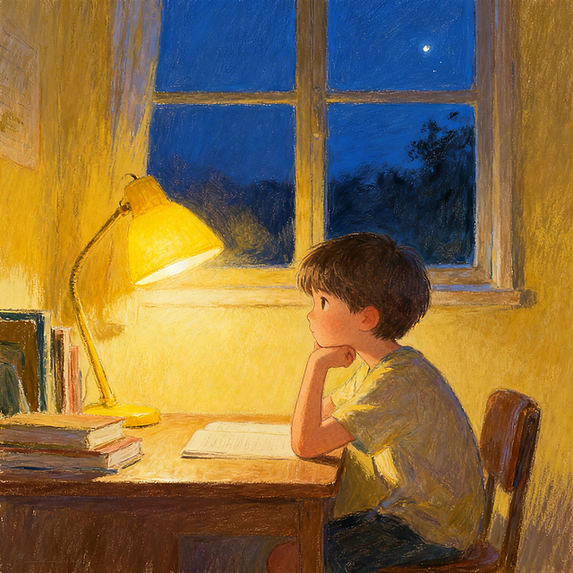 温馨的夜晚台灯插画，画面中一个孩子坐在书桌前，台灯洒下温暖的黄色光晕，孩子托腮思考，窗外是宁静的深蓝色夜色，整体氛围静谧温暖，手绘插画风格，柔和细腻的笔触，暖黄色调
