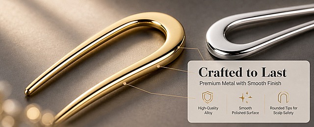 [商品] 使用【图1】金色与银色U型发簪；保留U型双针结构、圆润顶端、金属光泽、双色配色；微距放大表面质感，增强金属抛光镜面效果，不改变结构比例。
[画面] 目标：细节质感，突出金属工艺与结构设计优势。构图：中间偏左放置金色发簪局部微距特写（聚焦U型弯曲处与针身过渡），右侧银色发簪局部叠放一角形成对比；产品占画面约60%；背景为深暖灰色哑光台面，上方柔和顶光打出金属高光带；前景柔焦金属反光、中景发簪主体微距、后景虚化深色背景，3层层次。
[视觉] 套系策略：风格=跨境极简高级商业摄影；标题字=现代衬线粗体；正文字=简洁无衬线体；主色=暖米金；背景延展=基于暖米金做深浅层级、同色渐变和细腻哑光纸张/织物质感；强调色=古铜金，仅用于小面积图标、引线和标签；标题色=深炭灰；正文色=中暖灰；组件=圆角浅底信息卡、细线引线；光影=顶侧暖柔光，突出金属曲面高光与质感。
[文字] 右下信息卡区域：主标题"Crafted to Last"，副标题"Premium Metal with Smooth Finish"，3个卖点：High-Quality Alloy、Smooth Polished Surface、Rounded Tips for Scalp Safety；配3个小图标+引线指向对应部位；文字横向排版，信息卡半透明浅底。
[规格] 图片比例61:25横版，4K分辨率，避免变形、错字、文字过小、冷蓝/蓝灰背景、发簪颜色改变、表面划痕、结构失真。
