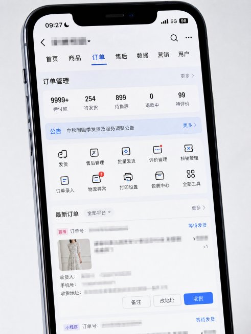 手机屏幕实拍特写，手机界面展示电商订单后台页面，订单数量数据清晰可见，将金额和隐私数字做模糊马赛克处理；背景为浅灰色纯色底，无多余杂物；光线均匀明亮，屏幕光影自然，还原真实手机拍摄质感；色调清冷干净，预览效果
