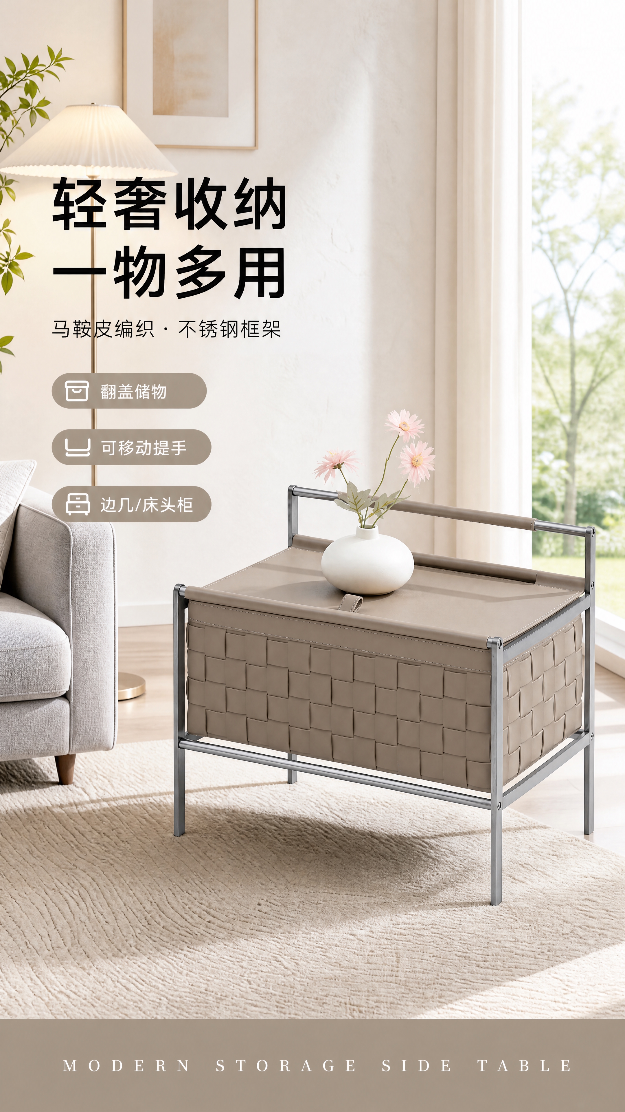 [第1张] 详情页头图-轻奢马鞍皮编织收纳边几客厅场景主视觉海… - 图片创意预览