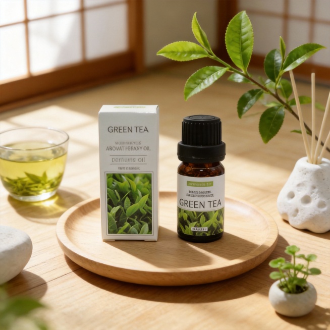一张高品质电商主图，主体是 10ml 棕色玻璃瓶装绿茶香薰精油与白色包装盒，摆放在浅原木色托盘上。背景是洒满柔和自然光的日式原木桌面，点缀新鲜绿茶枝叶、半杯泡开的绿茶、白色陶瓷扩香石与一株小型绿萝，整预览效果