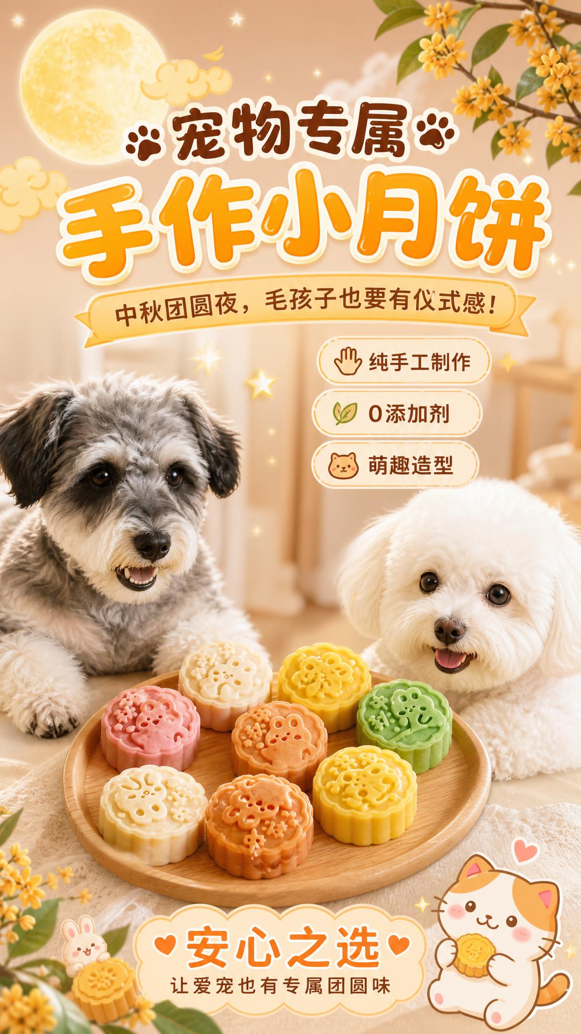 宠物月饼宣传海报，竖版9:16，温馨治愈萌系风格。画面中央偏下… - 图片创意预览
