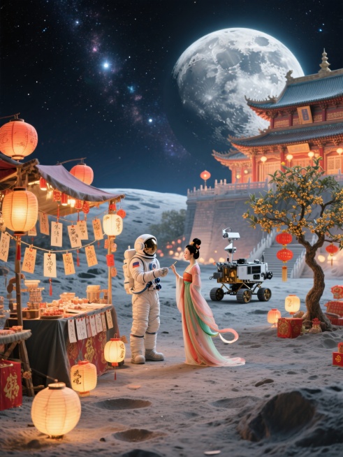 宇航员和嫦娥在月球上猜灯谜，周围是张灯结彩的摊位和灯谜，旁边停着一个月球探测器，右边是（广寒宫宫殿，宫殿前有一棵桂花树），背景是宇宙星空预览效果