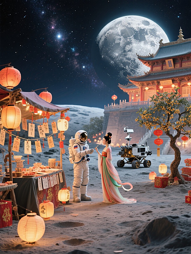 宇航员和嫦娥在月球上猜灯谜，周围是张灯结彩的摊位和灯谜，旁边停着一个月球探测器，右边是（广寒宫宫殿，宫殿前有一棵桂花树），背景是宇宙星空
