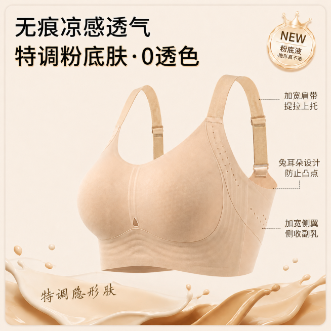 去掉图片左后方的辅助内衣，只保留前方主体的粉底肤色无痕文胸，保持文胸主体外观、结构、颜色、材质完全不变；保留左侧大标题文字、右侧引线标注文案和右上角金色NEW徽章不变；保留底部粉底液泼溅装饰与文字"特预览效果