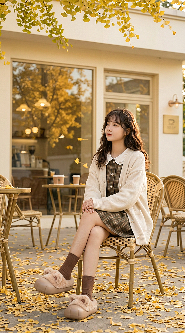 秋日午后，一位年轻亚洲女性坐在咖啡馆户外露台的藤编椅上，双腿交叠，双手轻搭膝盖，侧脸望向画面右侧，神情宁静温柔。她留着深棕色长卷发与空气刘海，身穿米白色宽松针织开衫，内搭棕绿格纹娃娃领连衣裙（领口缀珍珠扣），脚穿棕色中筒袜与奶茶色小熊造型毛绒包头拖鞋——圆润卡其色防水分瓣鞋头，浅杏色蓬松毛绒鞋身，鞋面立有带棕色刺绣内耳的小熊耳朵，深棕毛绒内里，同色系厚底。背景为奶油色建筑外墙，大面积落地玻璃窗倒映着金黄银杏树，店内隐约可见咖啡杯与暖光灯；周围散落多把藤编桌椅，地面铺满金黄银杏叶，空中有落叶飘落，顶部垂入银杏枝叶。竖版全身构图，人物居中偏右，微仰视角，柔和午后侧逆光，边缘泛暖金光晕。整体暖色调，以奶白、杏色、金黄、棕褐为主，低饱和奶油质感，日系清新人像写真风格，胶片颗粒感，治愈温暖氛围，高细节写实摄影。