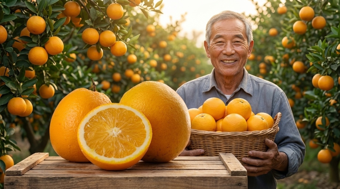 保持这几个橙子的物理结构绝对不变，保持颜色、形态、外观不变，严禁扭曲变形。
将背景替换为橙子果园，树枝枝头挂着金黄饱满的橙子，一位笑容开心的东亚果农手里捧着橙子，自然亲切。
整体空间是户外橙子果园，拉预览效果