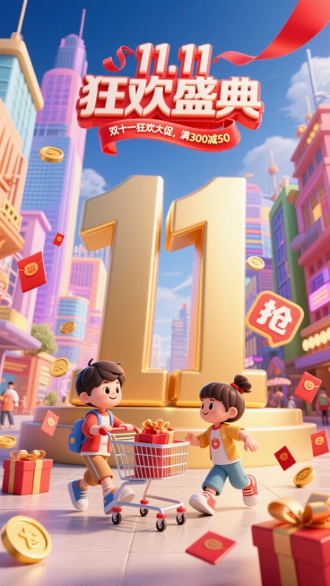画面以巨型金色 “11” 装置为视觉核心，上方悬挂 “11.11 狂欢盛典” 立体标题牌，搭配红色飘带标注 “双十一狂欢大促，满 300 减 50”。场景中，两个卡通儿童推着购物车穿梭其间，周围散落红预览效果