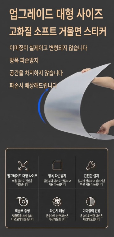 基于原图修改，将图片中的所有中文字符替换为韩语，保持原有设计布局、颜色、图片内容和其他元素完全不变，只更改文字语种。原图文案对应翻译为韩语：
업그레이드 대형 사이즈
고화질 소프트 거울면 스티커预览效果