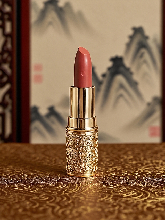 抠出图片主体，保留主体形状，给主体加上国风雕刻纹样。棕色+金色花样暗纹的桌面，后景水墨画屏风，营造典雅、富有东方韵味的氛氛围；景深效果。