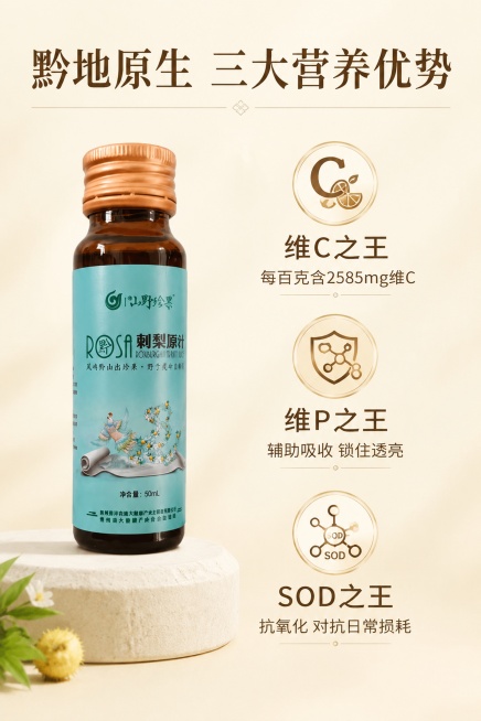 [第3屏] 核心营养-黔山刺梨三大营养优势卖点解析
[氛围/风格] 专业干净简约风，莫兰迪暖米色底色，高级质感
[元素布局] 本款刺梨原汁瓶身（源自https://gdesign-dam-hz.dan预览效果