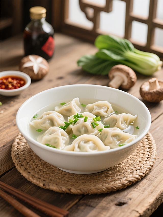 一个白色陶瓷碗，碗内盛放着清澈的汤，汤中漂浮着多个饱满的馄饨，馄饨皮薄馅大，形态完整，汤面上撒着翠绿的葱花碎，碗放在一个编织的圆形餐垫上，背景是古朴的木质桌面，桌面上摆放着新鲜的香菇、几棵洗净的小青菜、一小碟红油辣子和醋瓶，整体画面呈现出温暖明亮的自然光感，色彩清新自然，食物质感细腻真实，营造出家常、温馨、健康的中式美食氛围，具有高度的写实主义风格，光影柔和，细节丰富，构图采用近景特写，突出碗中的馄饨，整体色调以米白、木色、绿色和馄饨的浅米色为主，和谐统一。