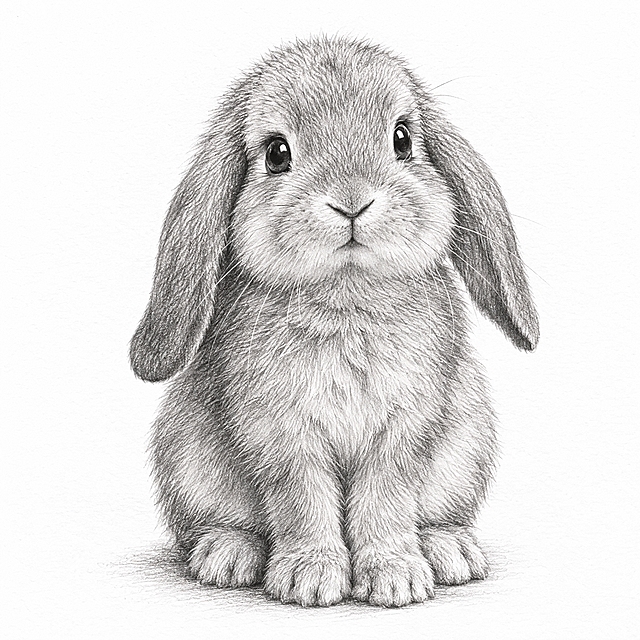 一只可爱的兔子素描画，铅笔手绘风格，细腻的线条勾勒出兔子柔软的毛发和灵动的神态，长耳朵自然下垂，圆眼睛，三瓣嘴，坐在画面中央，背景为干净的白色画纸，素描阴影层次丰富，质感真实，艺术感强