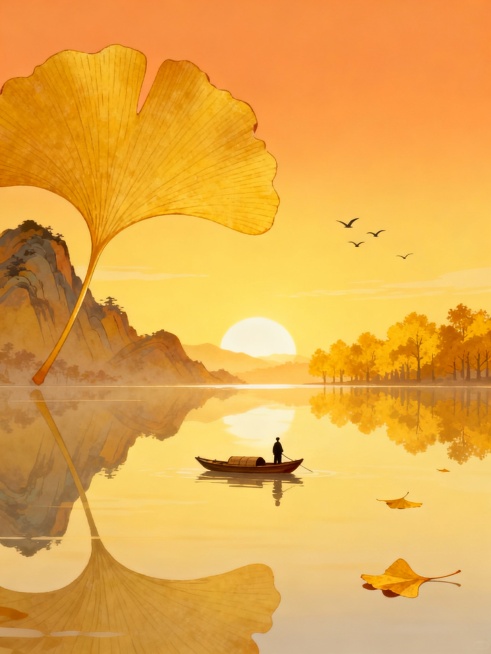 中国风插画风格，整体以温暖明亮的金黄色为主色调，柔和的光影效果，阳光从地平线上升起，天空呈现渐变的橙黄色，水面平静如镜，清晰倒映出天空和物体的影像，巨大的银杏叶形态的山峦占据画面左侧，叶片边缘有细致的纹理，一叶扁舟静泊于水面中央，船上有一人，水面上漂浮着几片银杏叶，天空中有几只飞鸟，右侧是连绵的金黄色树木剪影，整体氛围宁静悠远，充满秋日诗意，画面简洁大气，具有东方美学意境。预览效果
