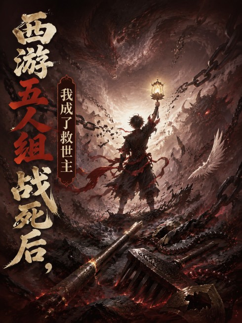 修改图片，保留原标题文字"西游五人组战死后，我成了救世主"清晰完整，主角改为少年手持宝莲灯站在破碎战场，打破命运的锁链，同时融合东方神话元素（金箍棒、九齿钉耙等）和西方神话元素（天使羽翼碎片、恶魔犄角预览效果