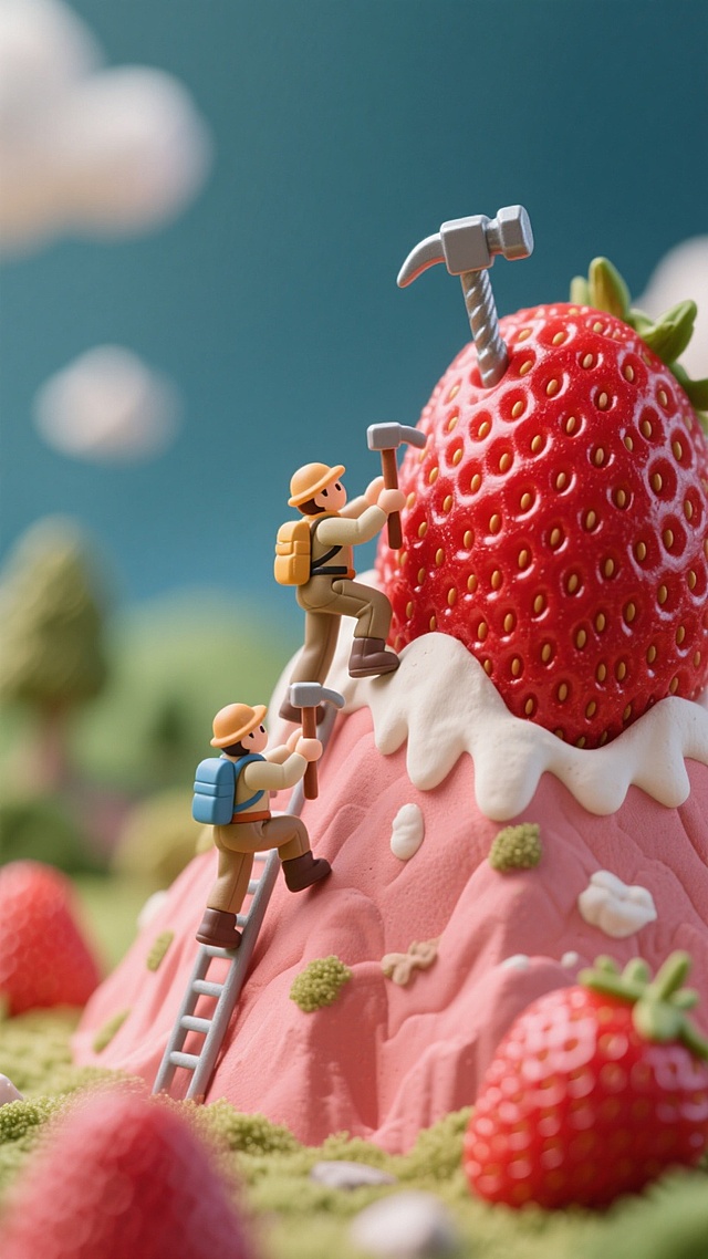 粘土风微缩艺术，卡通人物攀爬草莓山，梦幻超现实主义场景。