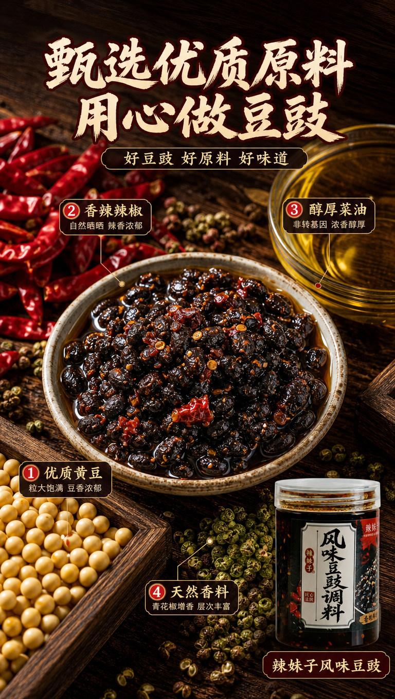 [商品] 成分原料专张，产品包装仅作辅助。画面主体为豆豉、红辣… - 图片创意预览