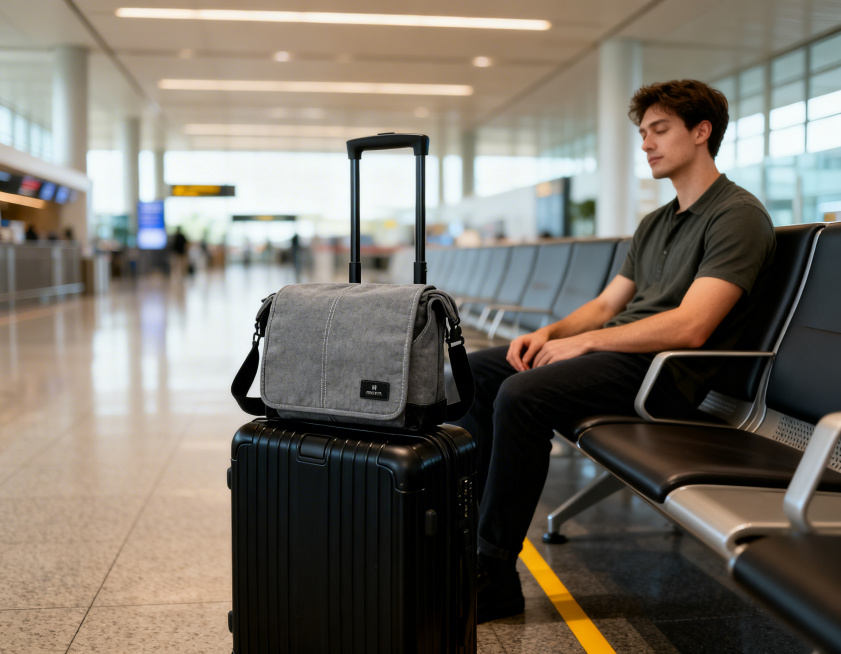 场景：机场候机大厅候机区，现代简约的公共出行空间，一位年轻男性旅客坐在候机座椅上休息，身旁放着黑色行李箱，用户提供的灰色单肩包放置在行李箱上面，整体画面景深较浅。风格：真实摄影风格，商业旅拍，自然清新预览效果