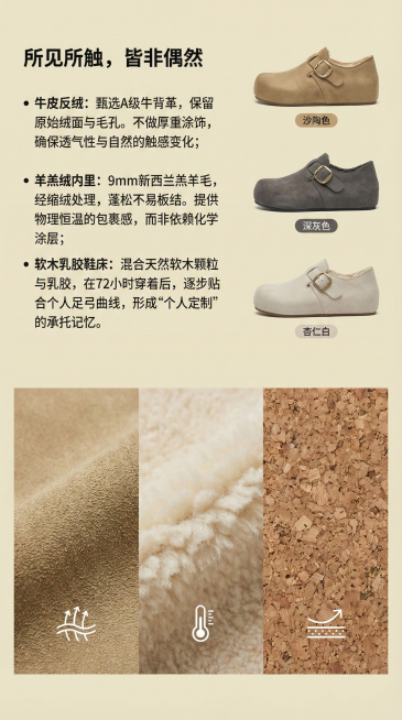 视觉：采用 “左文-右图-下图” 的三段式纯净排版，背景为统一的浅鹅黄或米白纯色。

排版与内容：

左上区（文字区）：
* 标题：「所见所触，皆非偶然」
* 分点阐述（采用极简列表式）：

牛皮反绒预览效果