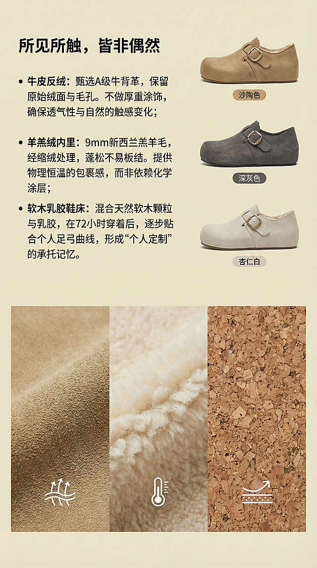 视觉：采用 “左文-右图-下图” 的三段式纯净排版，背景为统一的浅鹅黄或米白纯色。

排版与内容：

左上区（文字区）：
* 标题：「所见所触，皆非偶然」
* 分点阐述（采用极简列表式）：

牛皮反绒：甄选A级牛背革，保留原始绒面与毛孔。不做厚重涂饰，确保透气性与自然的触感变化。

羊羔绒内里：9mm新西兰羔羊毛，经缩绒处理，蓬松不易板结。提供物理恒温的包裹感，而非依赖化学涂层。

软木乳胶鞋床：混合天然软木颗粒与乳胶，在72小时穿着后，逐步贴合个人足弓曲线，形成“个人定制”的承托记忆。

右上区（图像区）：
* 展示三款最经典的颜色（例如：沙陶色 / 深灰色 / 杏仁白）的鞋子侧视图，整齐排列。下方用小字标注颜色名称。

下方长条区（质感特写区）：
* 一张横向拼接的特写照片，从左至右依次为：牛反绒的微观绒面纹理、羊羔绒内里的蓬松截面、鞋底软木颗粒的细节。每个特写下方配一个极简的线条图标（如：透气图标、温度图标、支撑图标）。

目的：以杂志内页般的清晰、理性、宁静的方式，系统性地阐述核心材料价值。通过排版、色彩和精准的文字，构建“知识型消费”所需的客观信息与审美格调，完全规避了复杂的动态或场景化拍摄。
