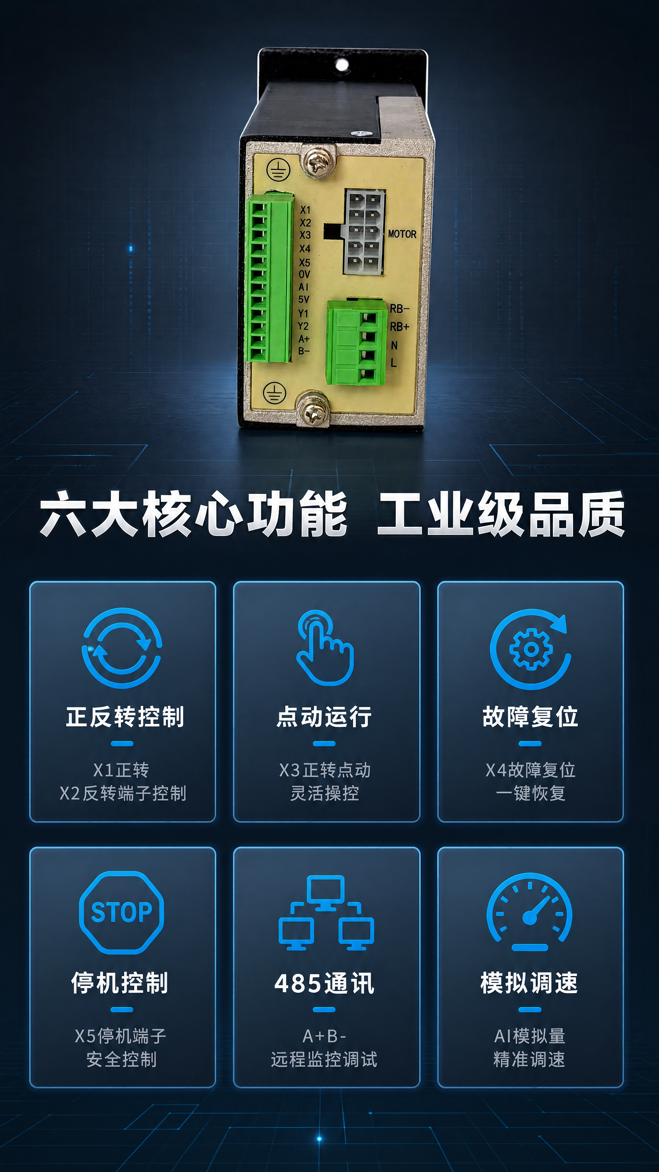 [第3张] 详情页核心卖点总览-智能电机调速器6大核心功能。本… - 图片创意预览