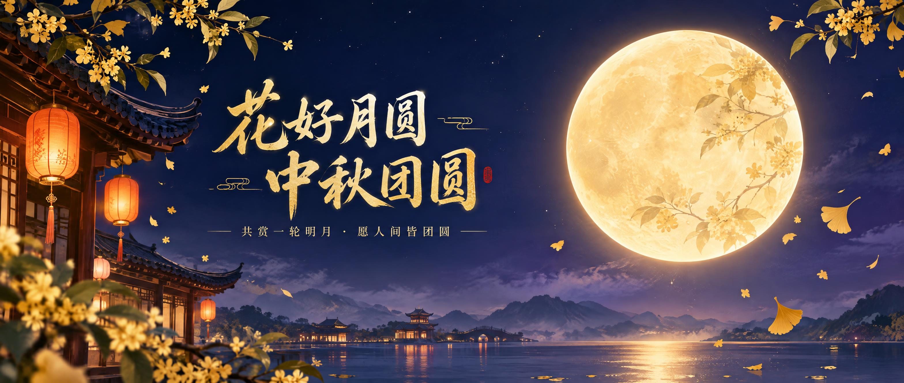 微信公众号首图横版构图，中秋节主题。画面右侧一轮巨大的暖金色满… - 图片创意预览