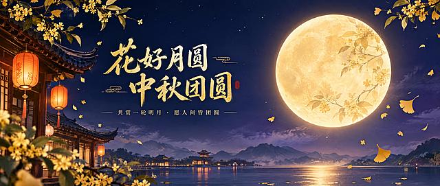 微信公众号首图横版构图，中秋节主题。画面右侧一轮巨大的暖金色满月悬挂在深蓝到紫黑的渐变夜空中，月面细腻有隐约桂树纹理；左侧为中式屋檐剪影与几盏暖橙色发光的灯笼轻轻摇曳，前景有飘落的金色桂花与银杏叶点缀。主体采用中国风插画与现代平面设计结合，暖金、月白与靛蓝配色，色调温润高级，构图留白得当，右上角与左侧留出标题空间。画面左中部大字标题为「花好月圆 中秋团圆」，字体为优雅的中式书法毛笔字，烫金质感，下方一行小字「共赏一轮明月 · 愿人间皆团圆」，整体精致、干净、有节气氛围感，高清细节。