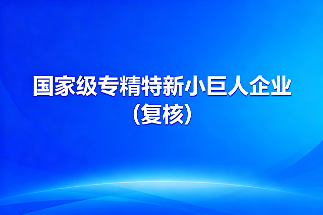 商务科技风格宣传图，主题是"国家级专精特新小巨人企业(复核)"，蓝色渐变背景，简洁大气的企业服务宣传设计，带有清晰的主题文字，现代商务风格