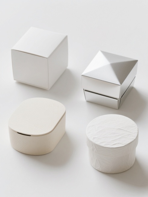 四个不同风格的白色包装盒系列素材集合，每个包装盒造型各异，画面整体色彩变换，保持原元素内容，纯色背景，规整排布。第一个包装盒采用极简主义风格，造型方正，表面光滑，整体为纯净的白色；第二个包装盒为复古风格，造型带有弧度，表面有细微的纹理，整体为米白色；第三个包装盒是未来主义风格，造型棱角分明，表面有金属质感的光泽，整体为银白色；第四个包装盒为自然风格，造型圆润，表面有类似纸张的纹理，整体为奶白色……预览效果