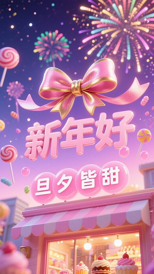 梦幻甜系3D风格，粉色糖果屋与烟花交织，重拟物软3D质感搭配霓虹光效，营造甜蜜喜庆的新年氛围。