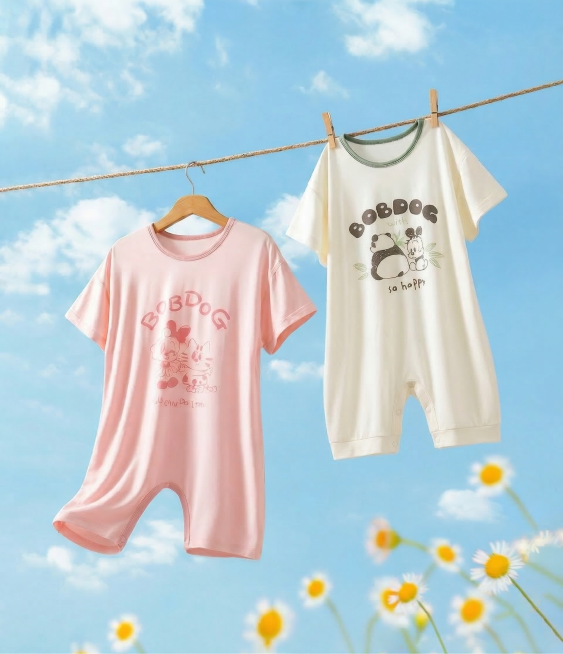 将粉色婴儿爬服裤裆开口处的异色包边修改为和衣服本身一致的粉色，将米白色婴儿爬服裤裆开口处的绿色包边修改为和衣服本身一致的米白色，保持其他内容不变，不改变整体构图、背景和其他设计元素预览效果