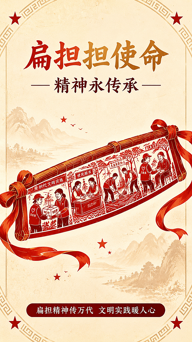 红色公益广告海报，国风插画风格，参考图的版式骨架和配色体系保持一致。画面主体是一根横置的红军竹扁担，扁担内部以红色剪纸版画风格嵌入新时代文明实践场景：党员志愿者为群众送物资、便民服务、义务劳动、帮扶老人等画面，人物为红色剪影风格。扁担两端系着飘动的红绸带。背景为米黄色做旧纸张质感，四周有回纹边框装饰，点缀红色五角星和远山淡影。顶部主标题大字为「扁担担使命」，副标题为「精神永传承」，字体为书法风格，红金配色。底部有深红色圆角矩形底栏，内有白色文字「扁担精神传万代 文明实践暖人心」。整体色调为米黄、朱红、金色，庄重温暖，与参考图风格完全统一。画面中所有文字必须清晰可读，排版精美，四周留足安全边距。