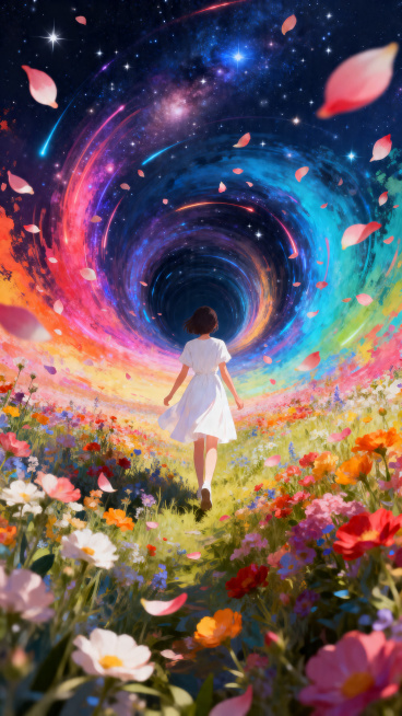 白裙少女背对走向漩涡花海，宇宙隧道，繁星闪烁，层次分明，花瓣飘落，大胆撞色，绚丽梦幻插画预览效果