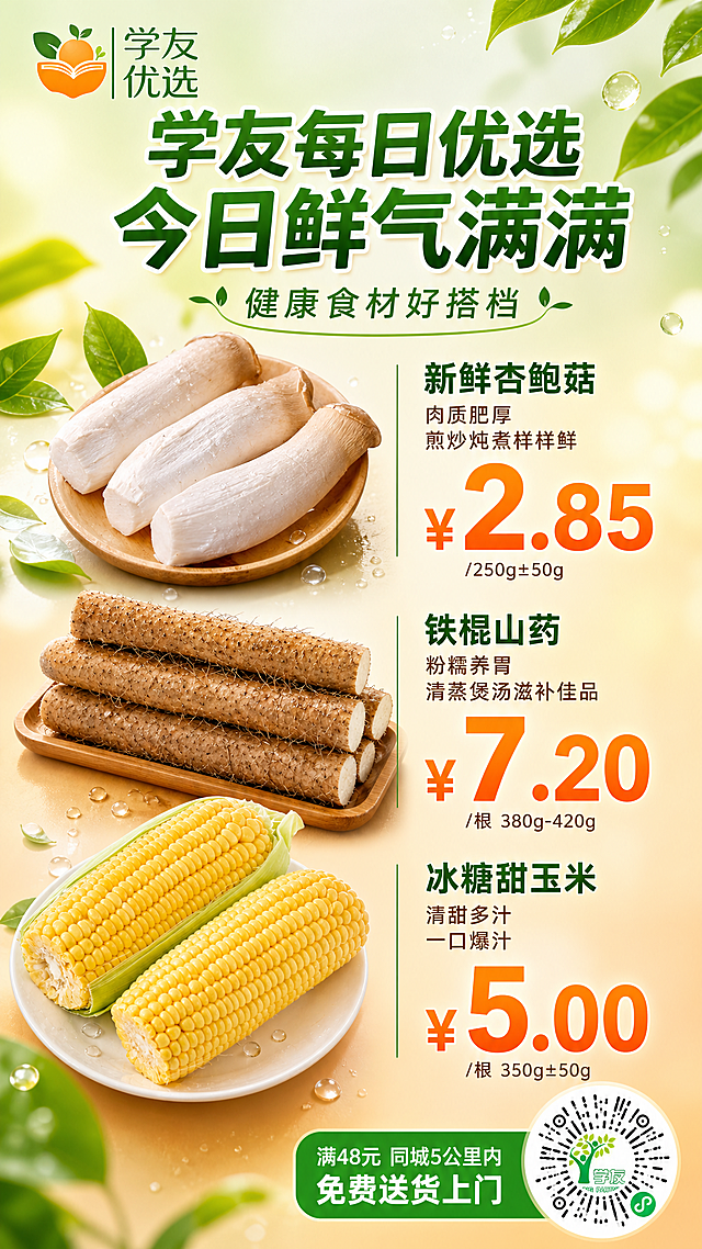 生鲜蔬菜促销手机全屏海报，9:16竖版，写实商业摄影风格，新鲜食欲感，暖光水润，画面精美排版。画面顶部左上角放置「学友优选」品牌Logo（橙子+书本+绿叶图形，绿色「学友优选」文字）。主标题位于画面上方居中：大字加粗「学友每日优选 今日鲜气满满」，副标题紧随其下：「健康食材好搭档」。画面中部为三款生鲜食材产品，从上到下依次排列，每款左侧为产品实物图，右侧为产品名+卖点+超大加粗价格数字：第一款是新鲜杏鲍菇（图3），肉质肥厚，配文「新鲜杏鲍菇 肉质肥厚 煎炒炖煮样样鲜」，价格数字超大加粗显示「¥2.85」，下方小字「/250g±50g」；第二款是铁棍山药（图4），粉糯养胃，配文「铁棍山药 粉糯养胃 清蒸煲汤滋补佳品」，价格数字超大加粗显示「¥7.20」，下方小字「/根 380g-420g」；第三款是冰糖甜玉米（图5），清甜多汁，配文「冰糖甜玉米 清甜多汁 一口爆汁」，价格数字超大加粗显示「¥5.00」，下方小字「/根 350g±50g」。三款产品均保留原图外形与质感，带水珠微距特写，新鲜水润。背景为清新渐变的浅绿到浅橙暖色调，点缀少量绿叶、水珠光斑，营造自然新鲜氛围。画面右下角放置小程序商城码（圆形绿色树状图案，带「学友」字样和微信小程序标识），二维码上方用醒目绿色圆角标签标注白色文字「满48元 同城5公里内 免费送货上门」。整体配色鲜绿+暖橙+米白，清新有食欲，文字不遮挡食材主体，排版疏密有致，留白舒适，商业摄影级质感，超高清2K分辨率。画面中所有数字必须精确渲染，不得错位、遗漏或编造。画面中所有信息区域必须填充完整合理的内容，不得出现空白框或占位。