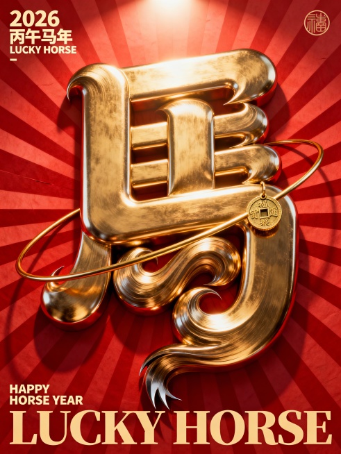核心汉字：画面中央为一个巨大的3D金属质感“馬”字，髭文字，笔画极粗非常厚实饱满,笔画大体走势是黑体字（横平竖直),笔画非常粗,粗笔画之间相互堆叠交织缠绕,相互融合的形成紧密的夸张块面感,在抽象化处理预览效果