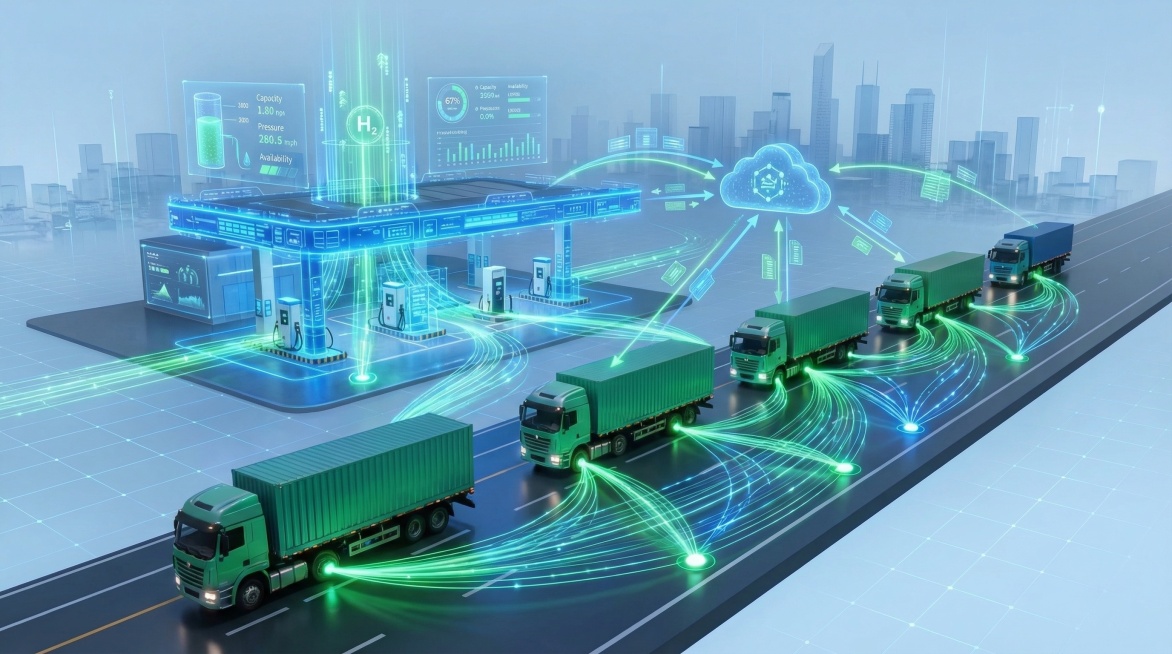 氢途加氢站服务状态驱动的氢能重卡协同调度建模概念图，科技未来风格，蓝色绿色为主色调，展示加氢站、氢能重卡和协同调度智能网络，清晰体现调度优化逻辑，专业技术可视化，无文字，背景为淡蓝色预览效果