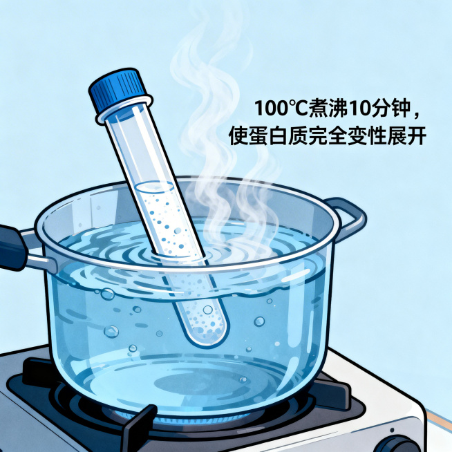 装有蛋白样品的EP管在沸水中加热的科学示意图，图中包含文字：100℃煮沸10分钟，使蛋白质完全变性展开。科学插画风格，清晰标注预览效果