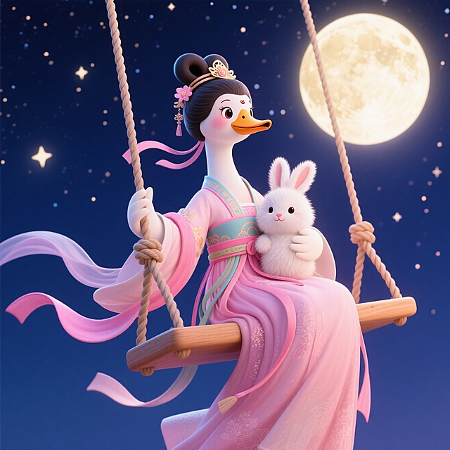 鹅形象拟人化（嫦娥打扮），抱着一只白色的兔子，坐在夜空的秋千上。干净的中秋夜空背景