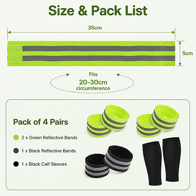 Modify based on image1 layout style: Size & Pack List diagram with light green minimalist background. Keep the top size section showing 35cm length, 5cm width, fits 20-30cm circumference. Change the pack list section to show 4 pairs total: 2 pairs of fluorescent green reflective straps (as image2), 1 pair of black reflective straps (as image3), 1 pair of black calf compression sleeves (as image4). Update the text to "Pack of 4 Pairs" with bullet points: "2 x Green Reflective Bands", "1 x Black Reflective Bands", "1 x Black Calf Sleeves". Arrange all products neatly, Amazon e-commerce style, only English text, no Chinese, no watermark.
