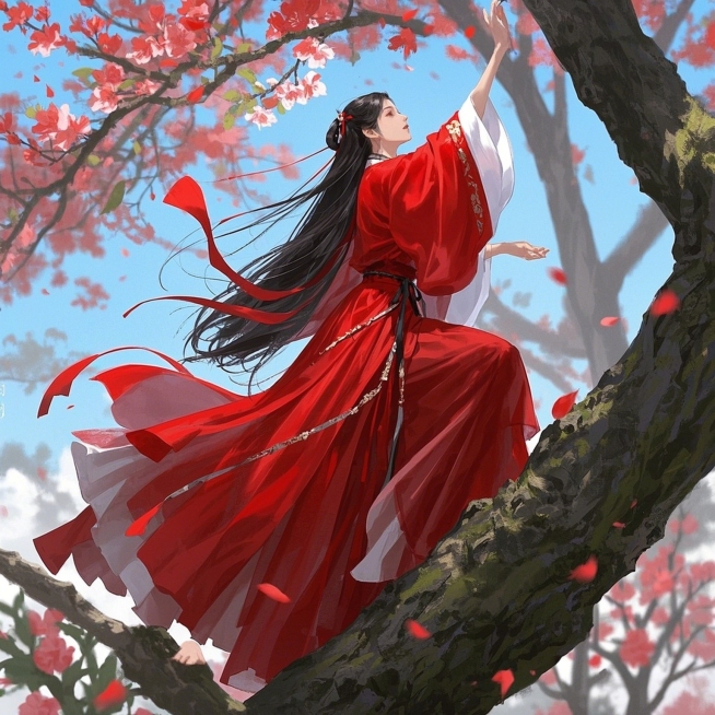穿着红色汉服女子，在树上跳舞预览效果